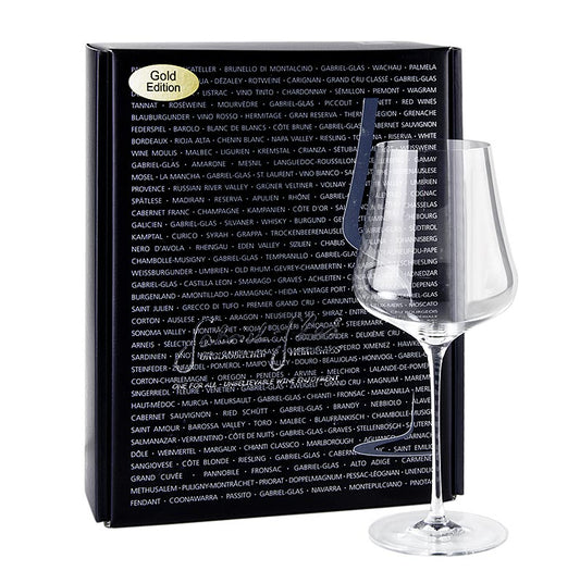 A pair of GABRIEL-GLAS© GOLD-Edition wine glasses, 510ml, handblown, in gift packaging