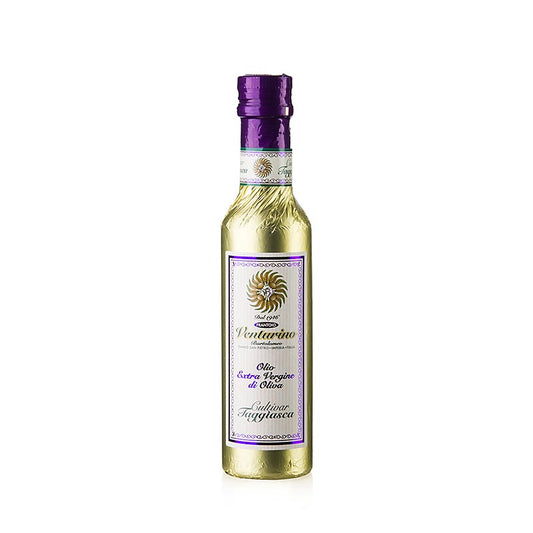 Extra vierge olijfolie van Venturino gemaakt van 100% Taggiasca olijven, verpakt in een gouden folie, 250 ml fles