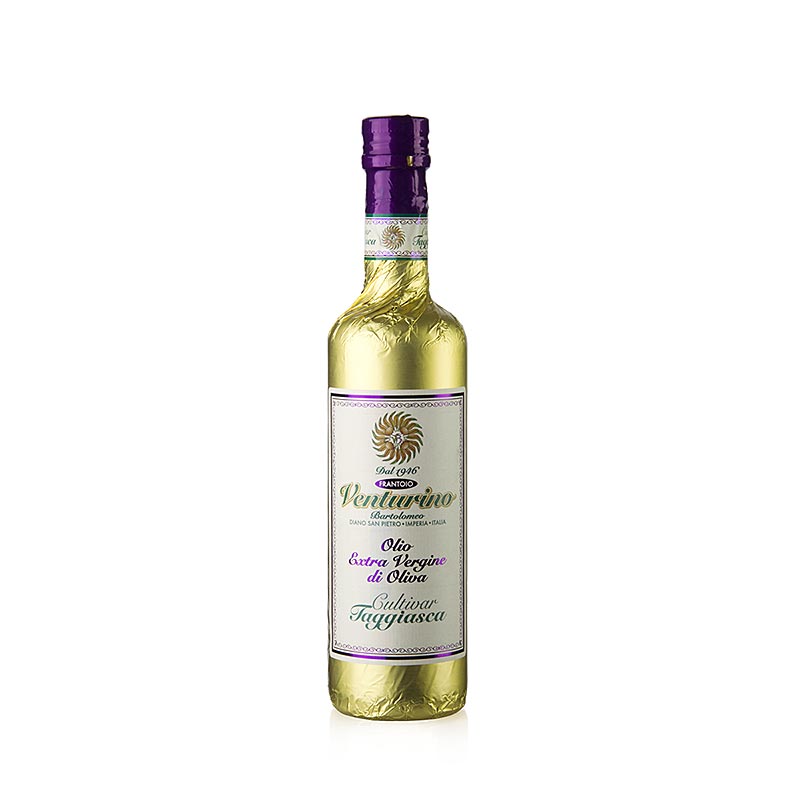 Extra vierge olijfolie van Venturino, gemaakt van 100% Taggiasca olijven, verpakt in een gouden folie, 500 ml fles