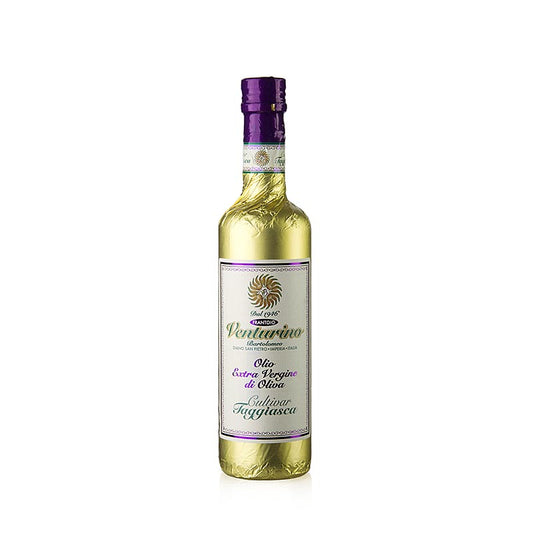 Extra vierge olijfolie van Venturino, gemaakt van 100% Taggiasca olijven, verpakt in een gouden folie, 500 ml fles