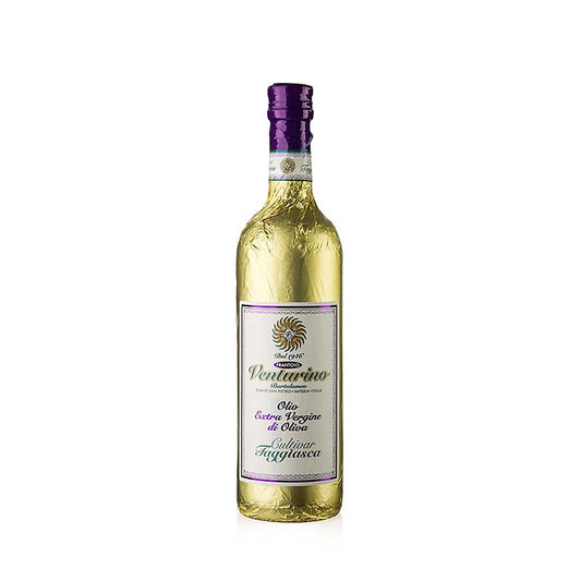 Extra vierge olijfolie van Venturino gemaakt van 100% Taggiasca olijven, verpakt in een gouden folie, inhoud 750 ml