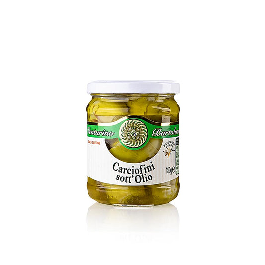 Gepekelde artisjokken - Carciofini sott'olio, in olijfolie, Venturino, 180 g - Een potje met gepekelde artisjokken in olijfolie, van het merk Venturino, met een gewicht van 180 gram