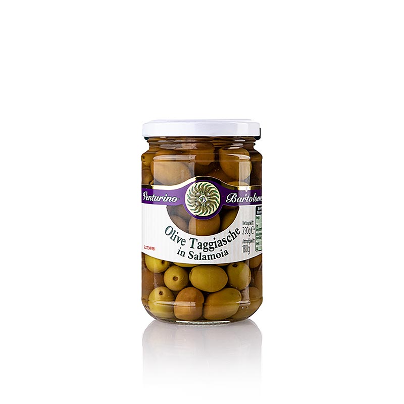 Olijvenmix, groene & zwarte Taggiasca olijven, met pit, in pekel, Venturino, 290 g - heerlijke mix van groene en zwarte Taggiasca olijven, perfect voor salades en antipasti, in een 290 g pot