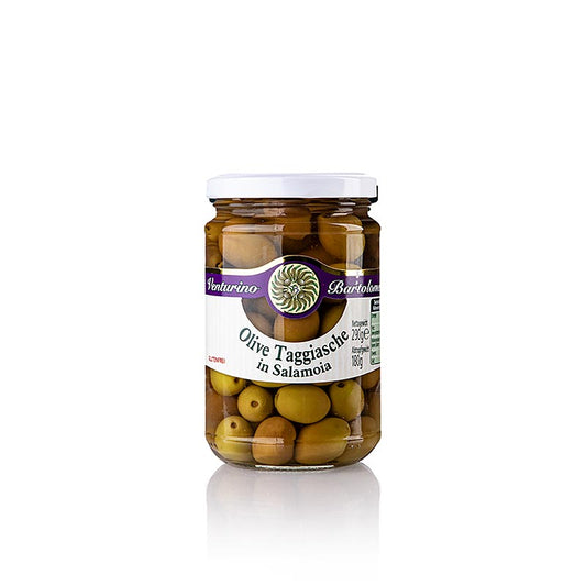 Olijvenmix, groene & zwarte Taggiasca olijven, met pit, in pekel, Venturino, 290 g - heerlijke mix van groene en zwarte Taggiasca olijven, perfect voor salades en antipasti, in een 290 g pot