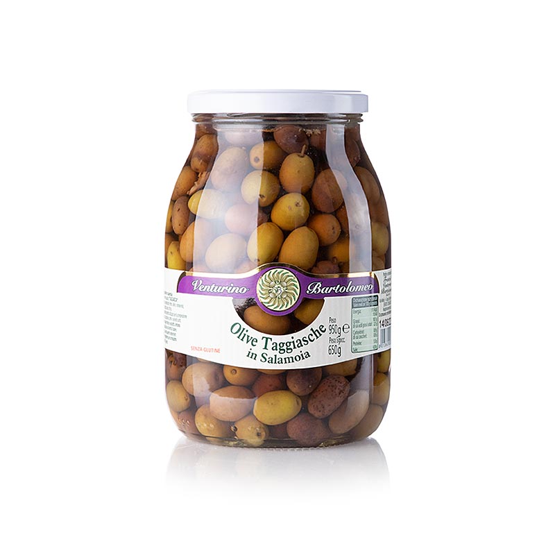 Olijvenmix van groene en zwarte Taggiasca olijven met pit, ingelegd in pekel, Venturino, 950 g - productafbeelding