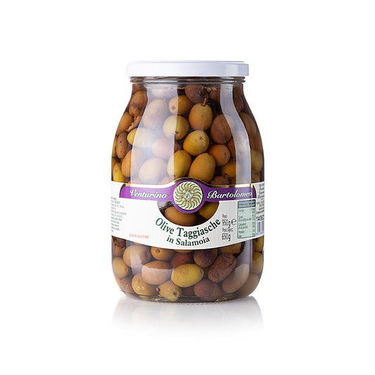 Olijvenmix van groene en zwarte Taggiasca olijven met pit, ingelegd in pekel, Venturino, 950 g - productafbeelding