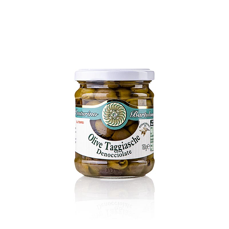 Olijvenmix, groene & zwarte Taggiasca olijven, pitloos, in olie, Venturino, 180 g - heerlijke mix van groene en zwarte Taggiasca olijven, zonder pit, ingelegd in olie, van het merk Venturino, 180 gram