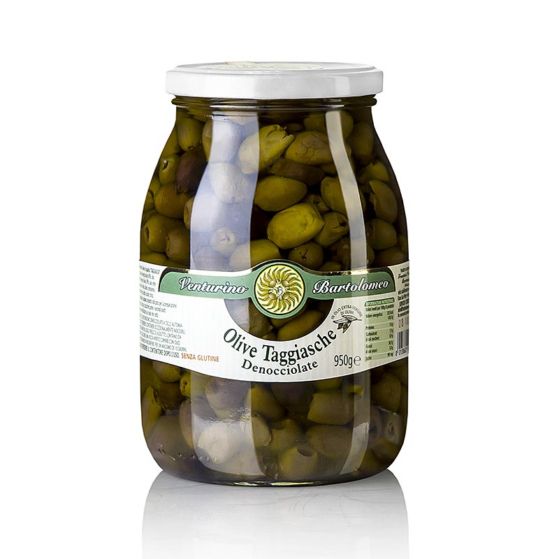Olijvenmix, groene en zwarte Taggiasca olijven zonder pit, ingemaakt in olie, Venturino, 950 g