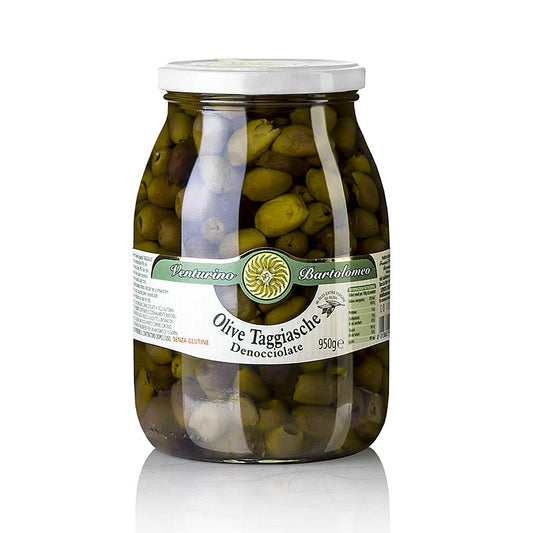 Olijvenmix, groene en zwarte Taggiasca olijven zonder pit, ingemaakt in olie, Venturino, 950 g