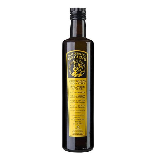 Extra vierge olijfolie van eerste persing van Pago Baldios San Carlos, 100% Arbequina, 500 ml fles, perfect voor koken en salades
