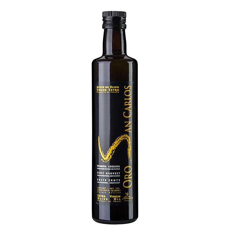 500 ml bottle of Pago Baldios 'Oro San Carlos' Arbequina & Cornicabra extra virgin olive oil, first cold-pressed, high quality Spanish product