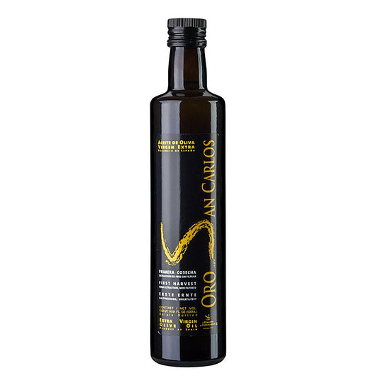 500 ml bottle of Pago Baldios 'Oro San Carlos' Arbequina & Cornicabra extra virgin olive oil, first cold-pressed, high quality Spanish product