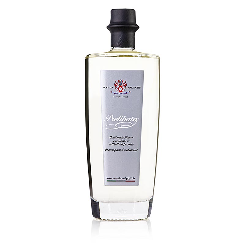 500 ml fles van Malpighi Prelibato Balsamico Bianco Condimento, gerijpt in een essenhouten vat gedurende 5 jaar