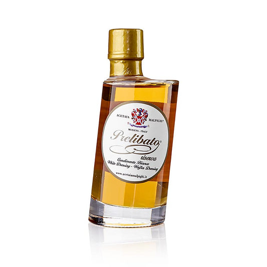Prelibato, Balsamico Bianco Condiment Riserva, 8 jaar, essenhouten vat, Malpighi, 200 ml - Een fles van 200 ml van de 8 jaar oude balsamico bianco condiment riserva, gerijpt in een essenhouten vat, van het merk Malpighi