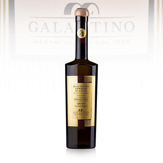 Extra vierge olijfolie van eerste persing, Galantino Gran Cru Affiorato, met een delicaat fruitige smaak, in een fles van 500 ml
