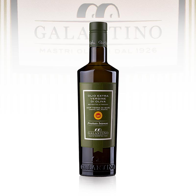 500 ml fles met Galantino Terra di Bari DOP/PDO extra vierge olijfolie, met een sterke fruitige smaak