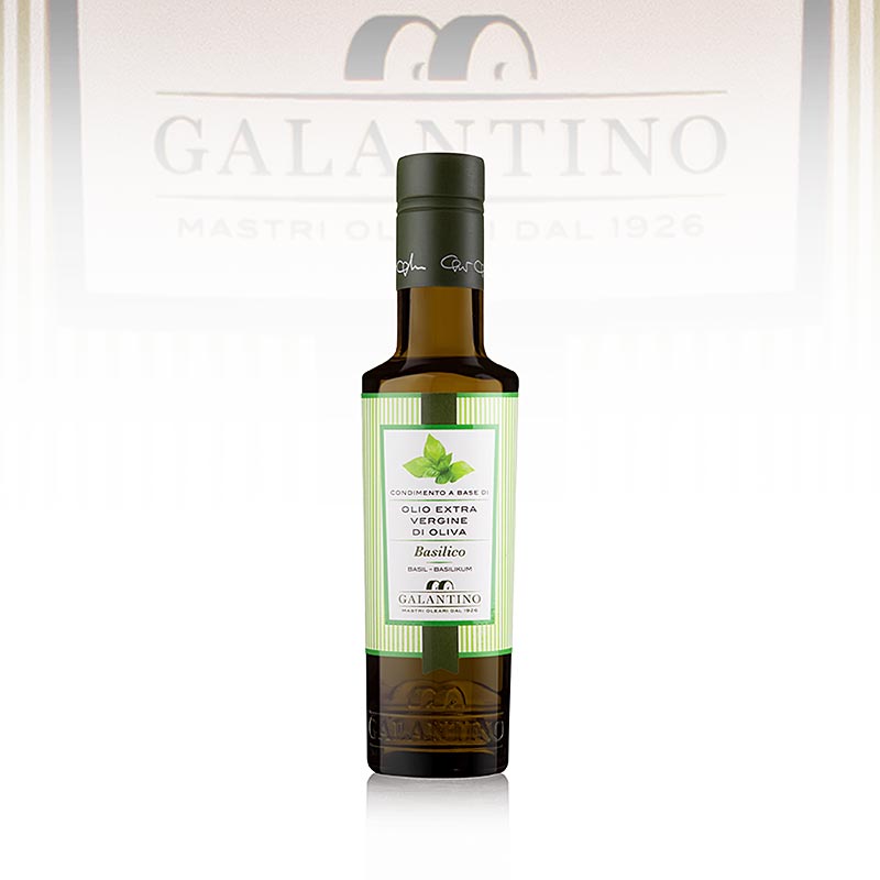 Extra vierge olijfolie van eerste persing, Galantino met basilicum - Basilicolio, 250 ml, perfect voor het verrijken van salades en pasta's