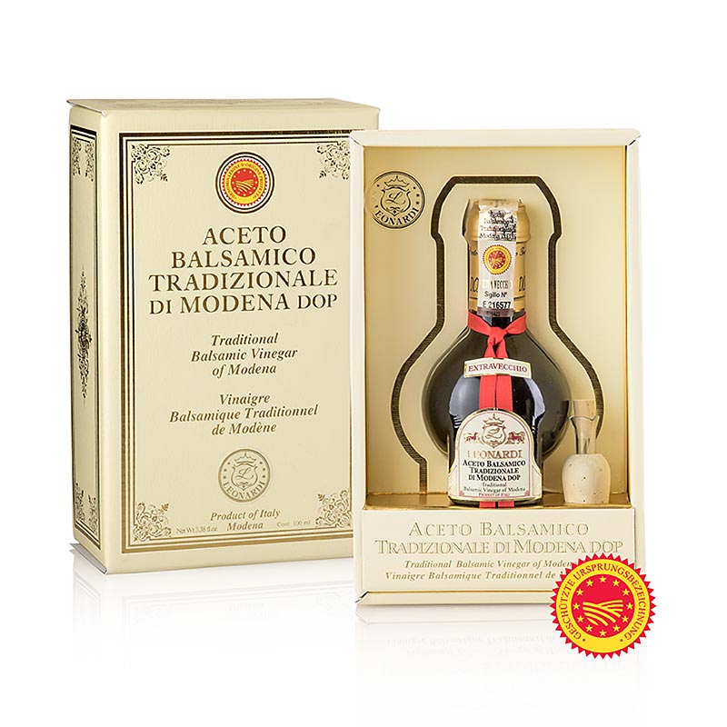 Aceto Balsamico Tradizionale di Modena DOP/PDO, Extravecchio, 25 jaar, Leonardi, 100 ml - Een fles van 100 ml van de beste kwaliteit Traditionele Balsamico Azijn uit Modena, met een leeftijd van 25 jaar, geproduceerd door Leonardi