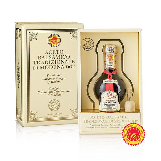 Aceto Balsamico Tradizionale di Modena DOP/PDO, Extravecchio, 25 jaar, Leonardi, 100 ml - Een fles van 100 ml van de beste kwaliteit Traditionele Balsamico Azijn uit Modena, met een leeftijd van 25 jaar, geproduceerd door Leonardi