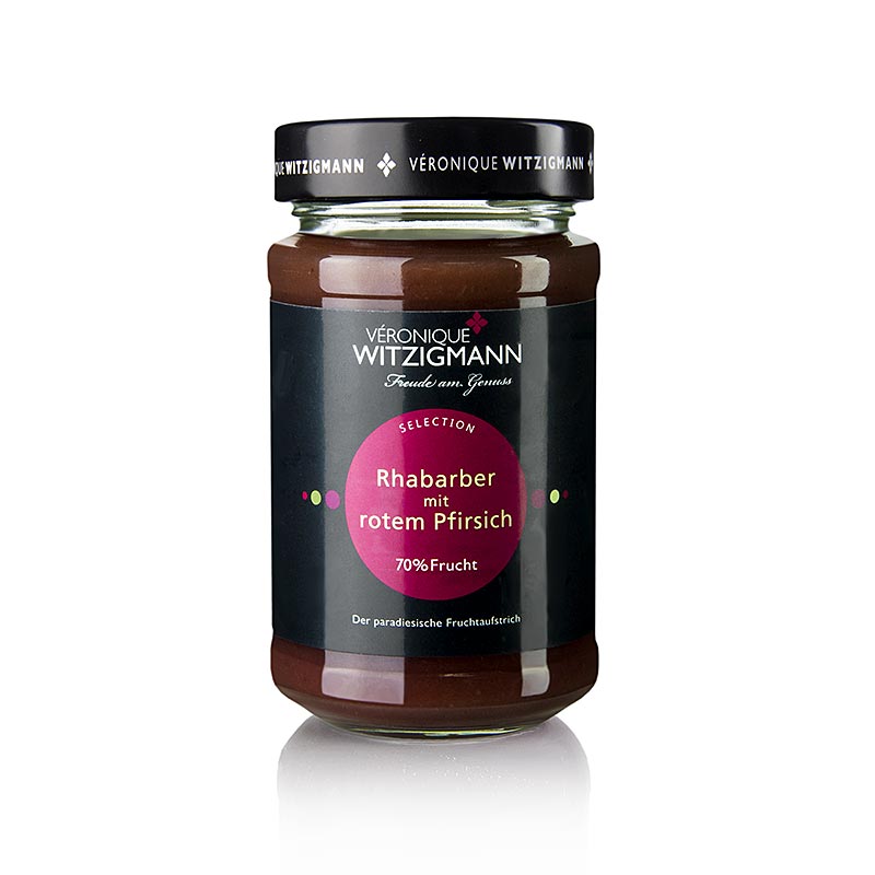 Pot met 225 g rabarber met rode perzik fruitspread, heerlijke en smaakvolle spread voor op brood of toast