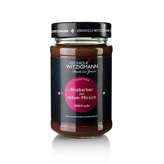 Pot met 225 g rabarber met rode perzik fruitspread, heerlijke en smaakvolle spread voor op brood of toast