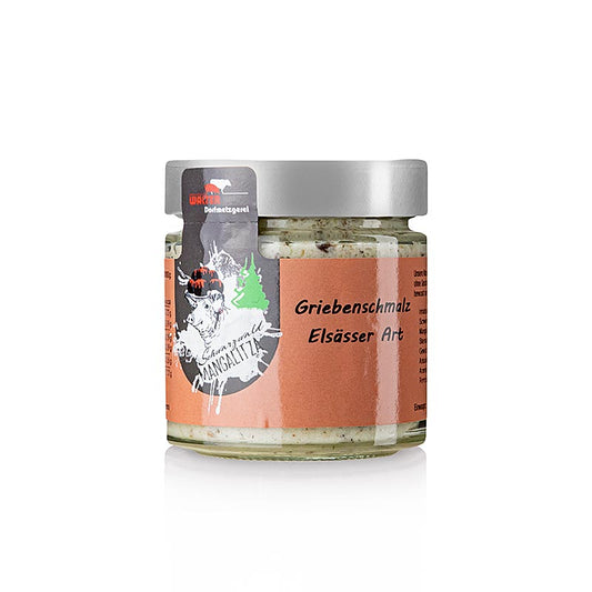 Reuzel Elzasser stijl, Mangalitza wolvarken, 140 g - Ambachtelijke reuzel met unieke smaak en romige consistentie, gemaakt van vrije uitloop Mangalitza wolvarken, een oud en origineel varkensras