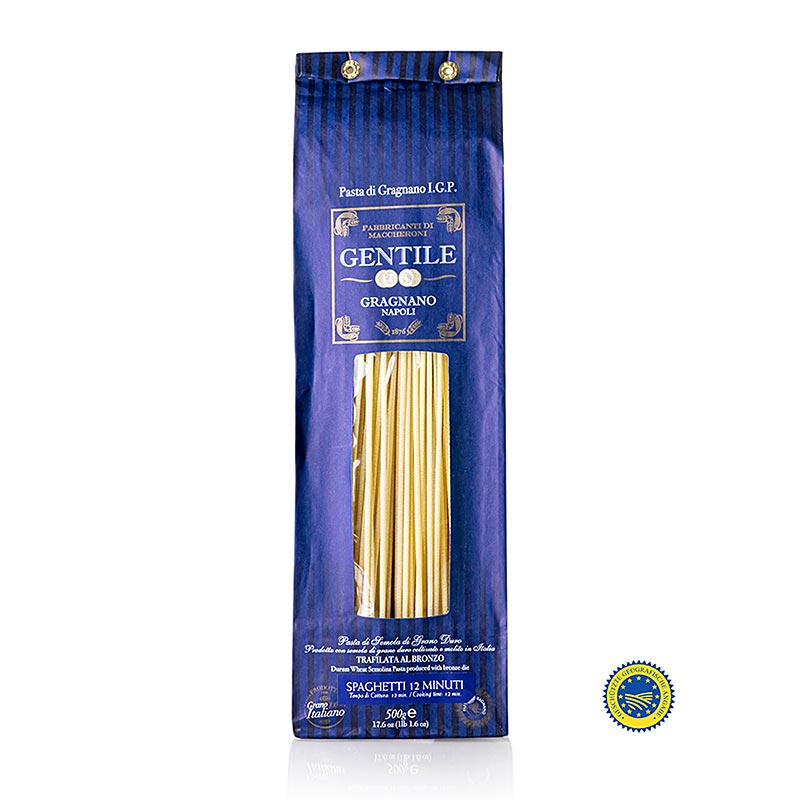 500 gram verpakking van Pastificio Gentile Gragnano IGP/PGI - Spaghetti, ø 2,2 mm, brons getrokken, een hoogwaardig en authentiek Italiaans product