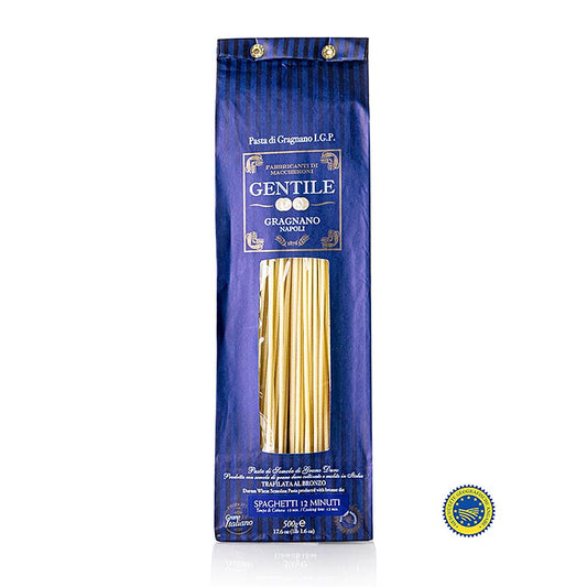 500 gram verpakking van Pastificio Gentile Gragnano IGP/PGI - Spaghetti, ø 2,2 mm, brons getrokken, een hoogwaardig en authentiek Italiaans product