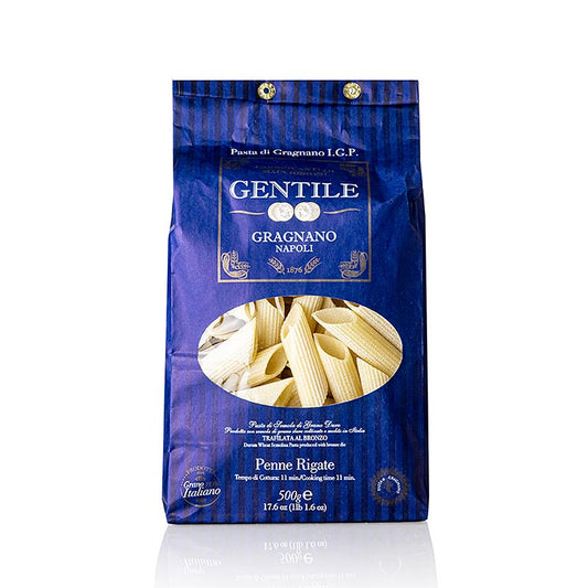 500 gram verpakking van Pastificio Gentile Gragnano IGP penne rigate, brons getrokken