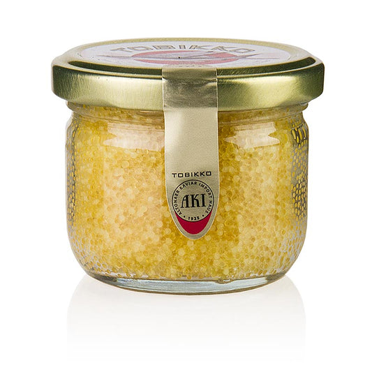 Foto van 90 g van de originele Tobiko - Kuit van vliegende vissen in geel, met yuzu, een heerlijk Japans product