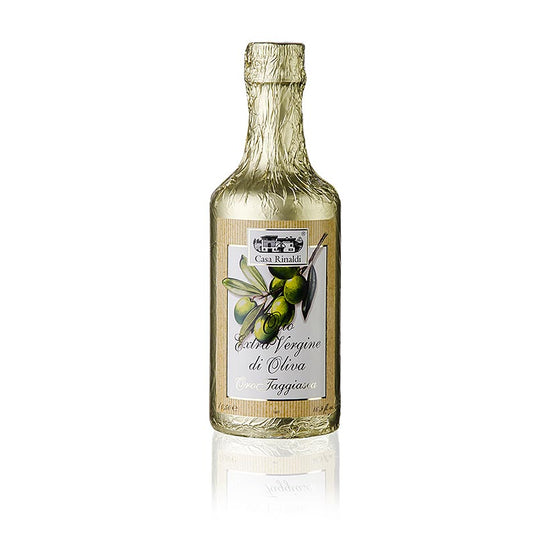 Extra olijfolie van eerste persing, Casa Rinaldi Oro di Taggiasca, ongefilterd, goudfolie, 500 ml - een premium olijfolie van hoge kwaliteit met een rijke, fruitige smaak en gouden verpakking