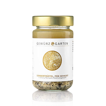 Gewürzgarten zomertruffel Brisures, fijngehakt en ingekookt in portwijnfond, 225 g
