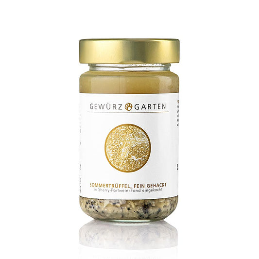Gewürzgarten zomertruffel Brisures, fijngehakt en ingekookt in portwijnfond, 225 g
