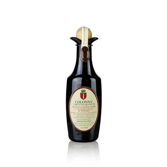 250 ml bottle of M Colonna extra virgin olive oil with white truffle flavoring, also known as truffle oil, ideal for enhancing the taste of dishes