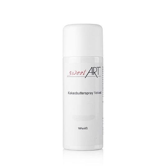 400 ml witte Cacaoboterspray met fluweeleffect van Sweet Art, ideaal voor decoratie