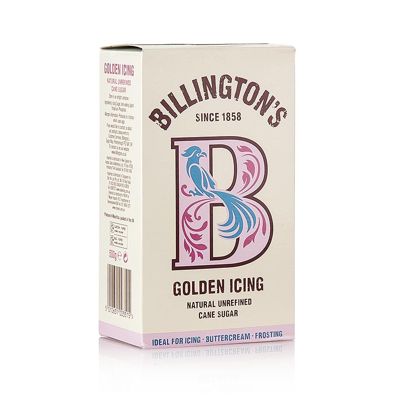 Gouden poedersuiker van Billington's, een honingkleurige, ruwe rietsuiker, 500 g