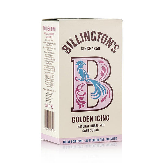 Gouden poedersuiker van Billington's, een honingkleurige, ruwe rietsuiker, 500 g