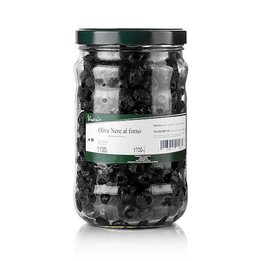 Zwarte ontpitte olijven, gedroogd en bereid in de oven, verpakt in een zak van 1,1 kg