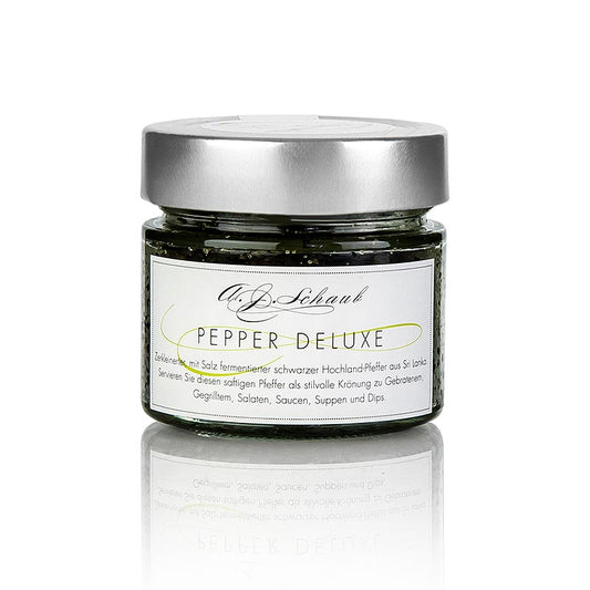 Zwarte peperkorrels, gefermenteerd met zeezout, fijn gemalen tot PEPPER DELUXE, 100 g verpakking