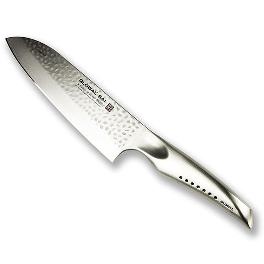 Global SAI-03 Santoku mes met hamerslag ontwerp, 19cm, 1 stuk - ideaal voor nauwkeurig snijwerk en diverse keukentaken