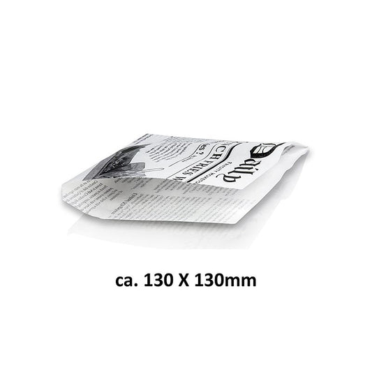 Square snack bag made from recycled newspaper, measuring approximately 130x130mm, sold in a pack of 1,000 units