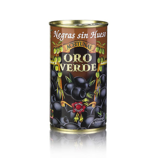 A close-up image of a 350g jar of pitted, blackened, and pickled zwarte olijven (black olives)
