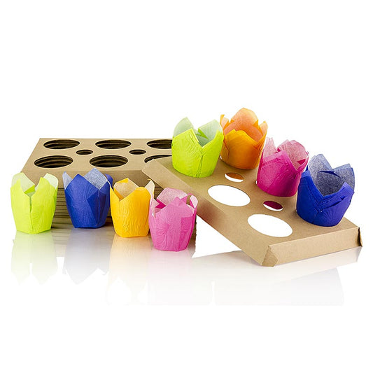 Colorful tulip-shaped paper capsules, approximately 5cm in diameter, available in 4 vibrant colors, set of 500 pieces