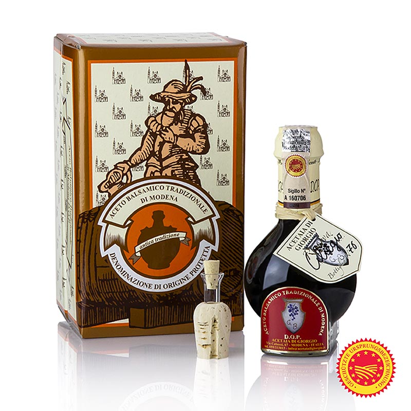 Aceto Balsamico Tradizionale DOP/PDO, 12 jaar, kersenvat, Acetaia di Giorgio, 100 ml - Een fles van 100 ml met 12 jaar oude traditionele balsamico azijn van Acetaia di Giorgio, gerijpt in een kersenhouten vat