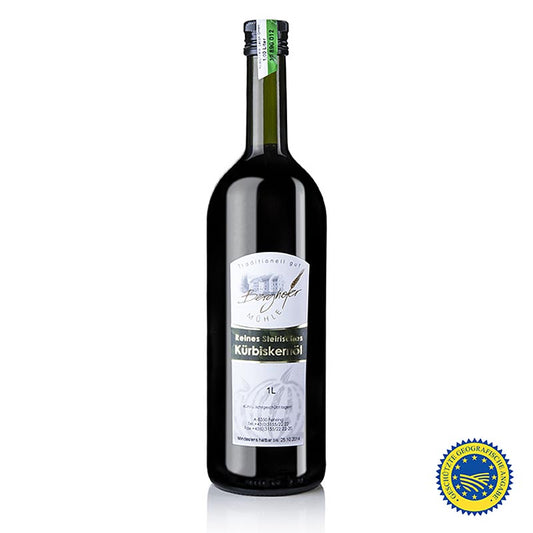 Pompoenpitolie van Stiermarken BGA, 100% puur, Berghofer-Mühle, 1 liter - koudgeperste olie van hoge kwaliteit uit Stiermarken, Oostenrijk