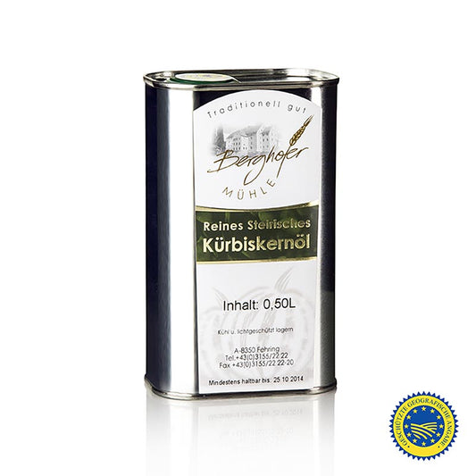 Pompoenpitolie van Stiermarken BGA, 100% puur, Berghofer-Mühle, 500 ml - hoogwaardige koudgeperste olie van pompoenpitten uit Stiermarken