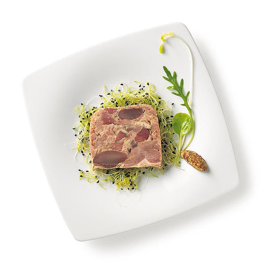 Close-up of Rougié 1 kg Terrine van eendenvlees Le Pressé with beautiful presentation and high-quality duck meat, ideal for culinary enthusiasts and fine dining experiences