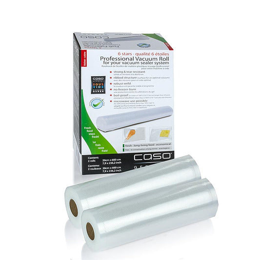 Two 20x600cm foil rolls designed for use with the FastVac vacuum sealer, ideal for preserving and storing food for longer freshness