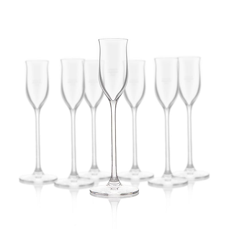 Set of 6 Reisetbauer fruit brandy glasses with 2 cl capacity, featuring a measuring mark