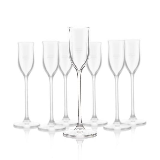 Set of 6 Reisetbauer fruit brandy glasses with 2 cl capacity, featuring a measuring mark